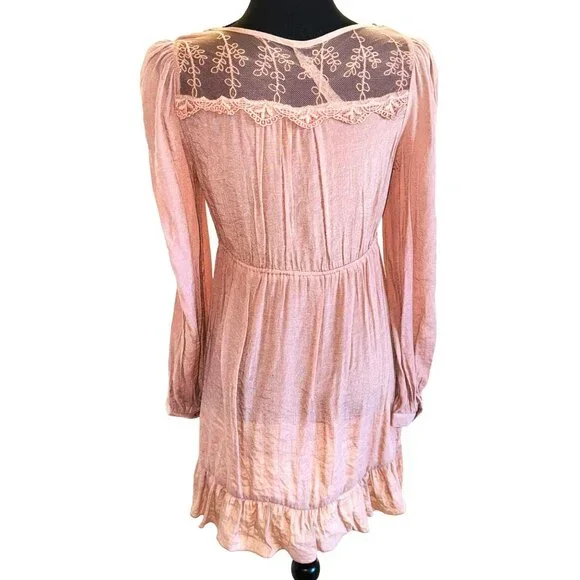 Anthropologie Blue Bird Boho Peasant Babydoll Crochet Lace M Cottage Dusty Rose - Picture 2 of 15
